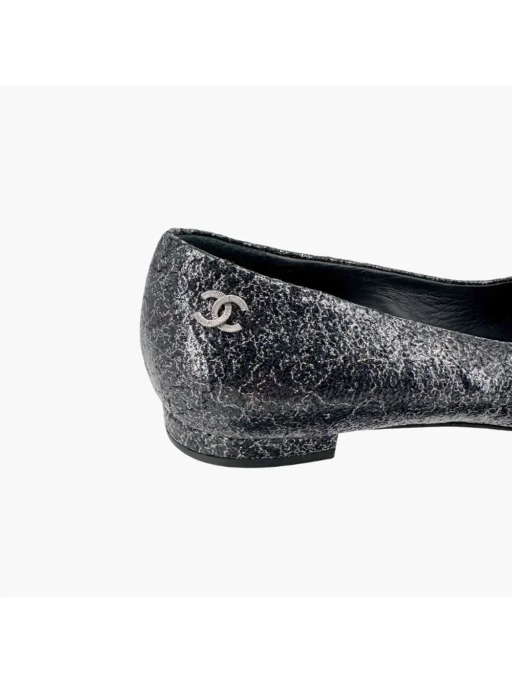 Chanel CC Cap Toe Ballet Flats Black Silver Leather Size 37.5 US 6.5–7 Women